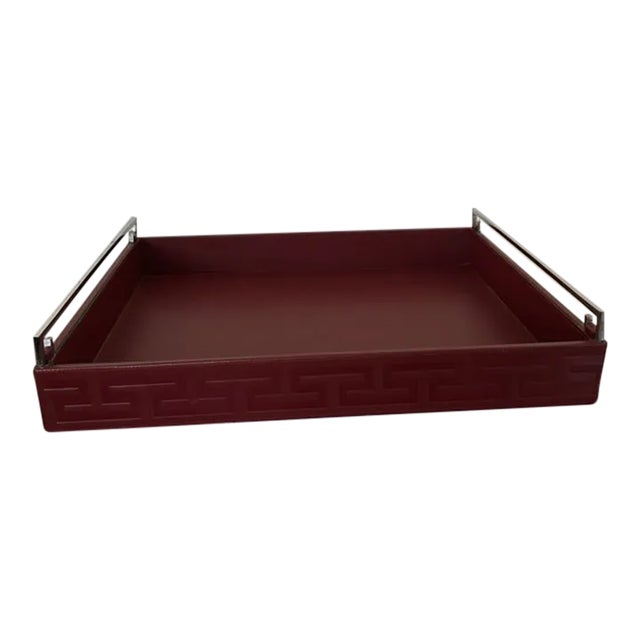 2000s Global Views Red Leather Embossed Tray With Metal Handles For Sale