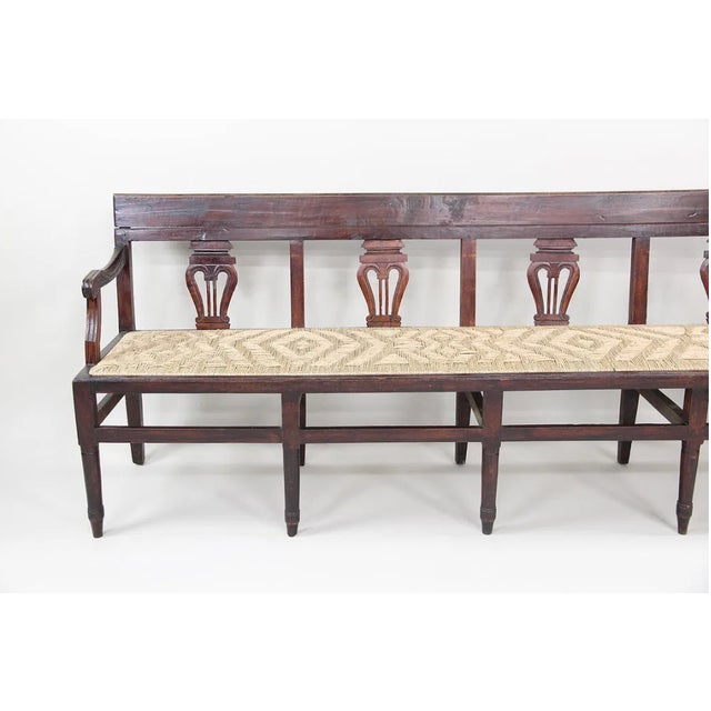 Antique Neoclassical Carved Lyre-Back Hall Bench With Rush Seat | Five-Seat Dining or Entry Bench For Sale - Image 9 of 12