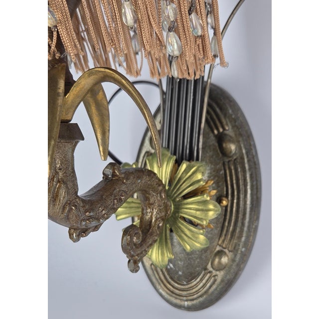 1970s Hollywood Regency Italian Gilt Torchère Wall Sconces With Beaded Fringe Shades - a Pair For Sale - Image 10 of 11