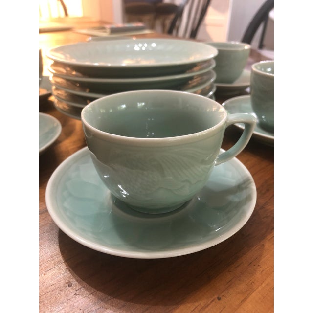 Vintage Longquan Celadon Goldfish China Set- 18 Pieces For Sale - Image 4 of 9