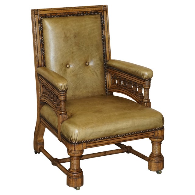 Victorian English Oak Hand Dyed Leather Library Reading Armchair For Sale