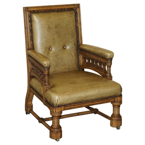 Victorian English Oak Hand Dyed Leather Library Reading Armchair