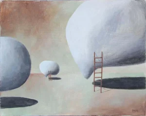 2019 "Here Come the Warm Jets" Contemporary Pastel Surrealist Landscape With Ladders by Scott Woodard