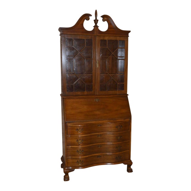 Vintage Jasper Traditional Style Mahogany Secretary Desk W/Bubble Glass