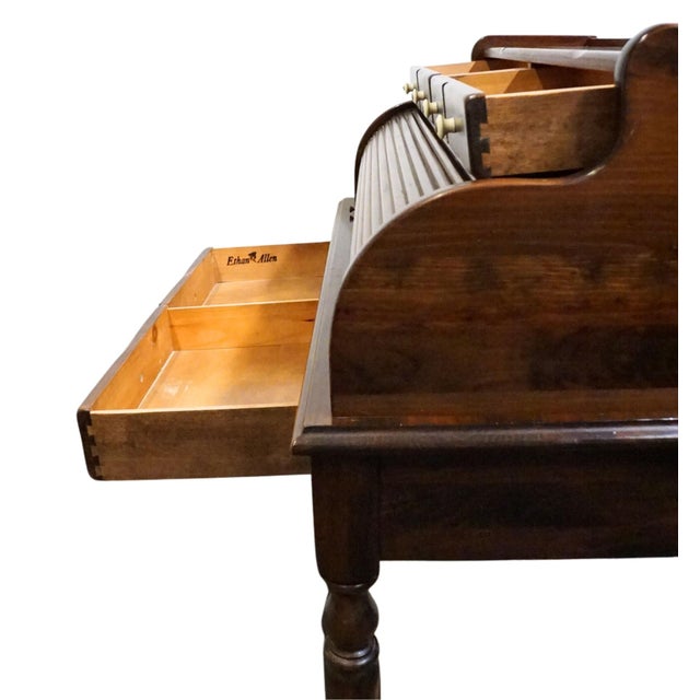 Ethan Allen Antiqued Pine Old Tavern Rustic Americana 40" Roll Top Desk 12-9513 For Sale - Image 11 of 16