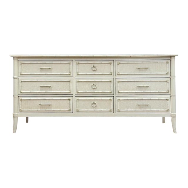 Vintage Thomasville Paoletti Faux Bamboo 9 Drawer Dresser White Hollywood Regency For Sale