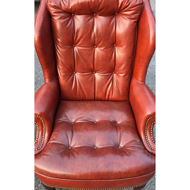 Pair of Classic Leather Furniture Tufted Oxblood Leather Wingback Library Lounge Chairs With Brass Nailhead Trim, Circa 1980s For Sale - Image 11 of 14