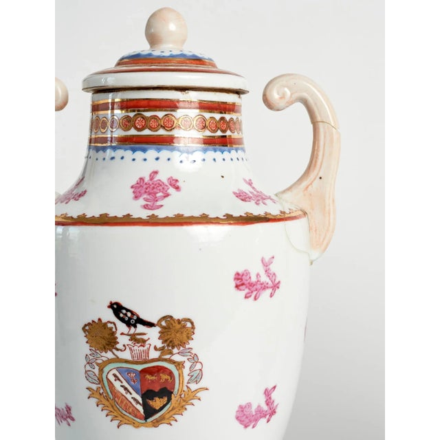 Metal Mid 19th Century Red on White Painted Crest Porcelain Lamp With Shade For Sale - Image 7 of 13