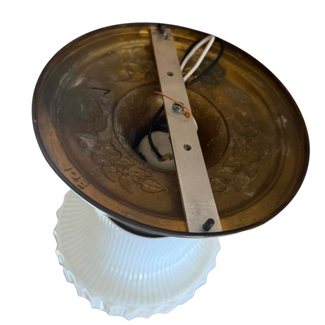 1920s Ribbed School House Style Light Fixture With Embossed Canopy For Sale - Image 4 of 9