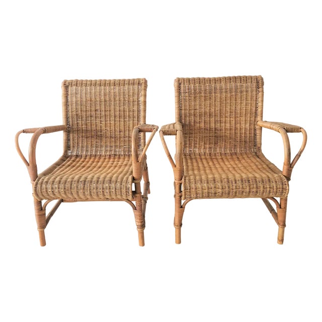 Set of Vintage Armchairs in Basket Mesh and Bamboo, 1930s For Sale