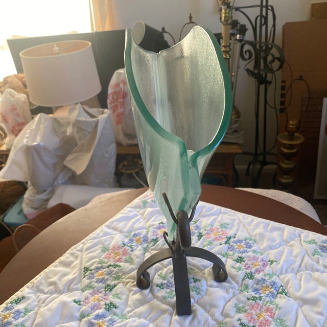Contemporary Studio Art Glass Fan Vase Wrought Iron Stand For Sale - Image 3 of 7