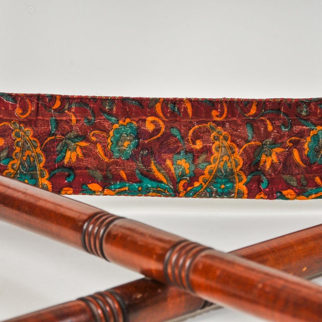 Antique Luggage Rack With Vintage Swan Embroidered Ribbon | Antique Butler's Table | Folding Suitcase Stand For Sale - Image 13 of 13
