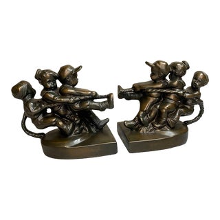 Vintage PM Craftsman Tug of War Bookends Bronze Finish Children Playing - a Pair For Sale