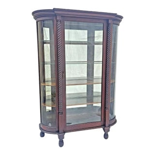 Antique 1910s Spanish Revival Oak Bowed Curved Glass China Cabinet W Barley Twist Columns For Sale
