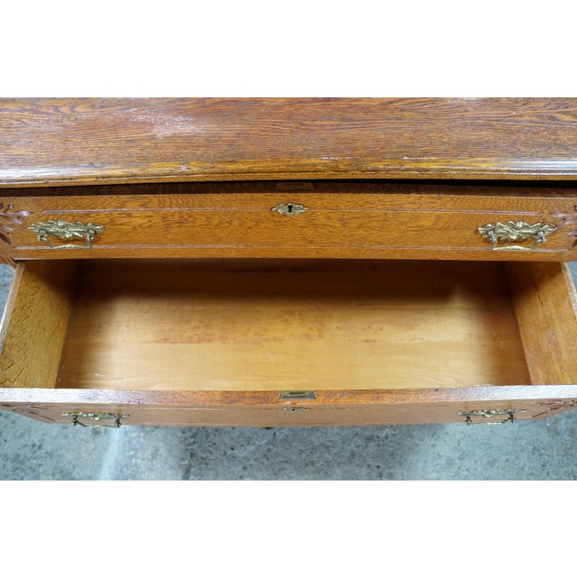 Antique Victorian Eastlake Oak Three Drawer Carved Dresser Chest Casters 43" For Sale - Image 16 of 18