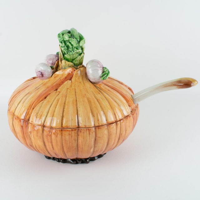 This original Majolica ceramic soup tureen or centerpiece, shaped like an onion, was designed and manufactured by Este...