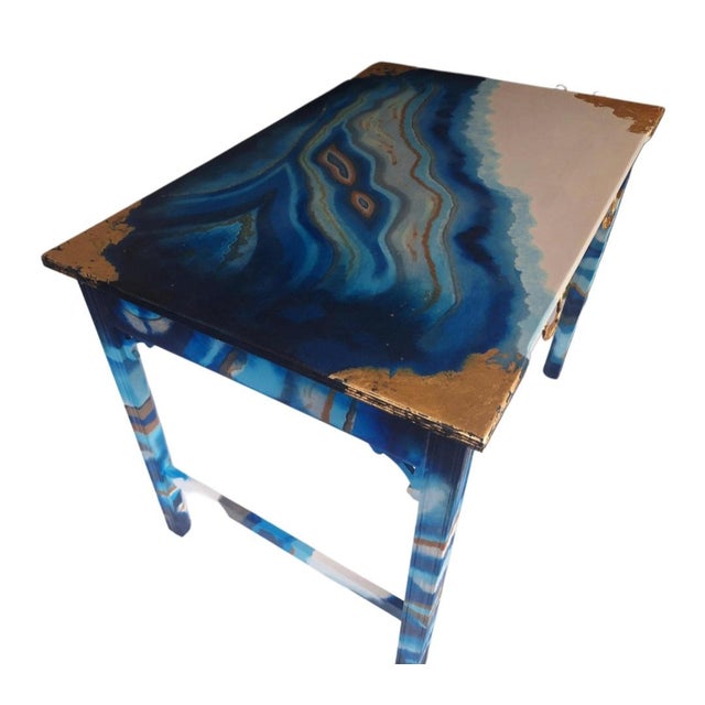 1960s Writing Desk | Hand Painted Blue Geode Inspired Desk With Gold Accents | One-of-a-Kind Statement Furniture For Sale - Image 9 of 9