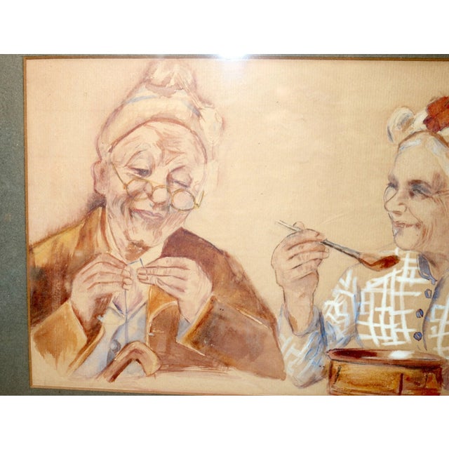 1930s Original Figural Elder Couple Married Man Lady Watercolor Painting Frame For Sale In New York - Image 6 of 10