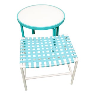 Tropitone Turquoise Webbed Bench & Round Side Table, 1960s - Set of 2 For Sale