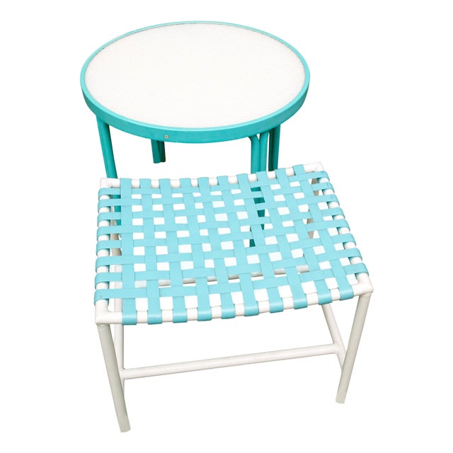 Tropitone Turquoise Webbed Bench & Round Side Table, 1960s - Set of 2 For Sale