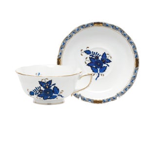 Herend Chinese Bouquet Black Sapphire Tea Cup and Saucer For Sale