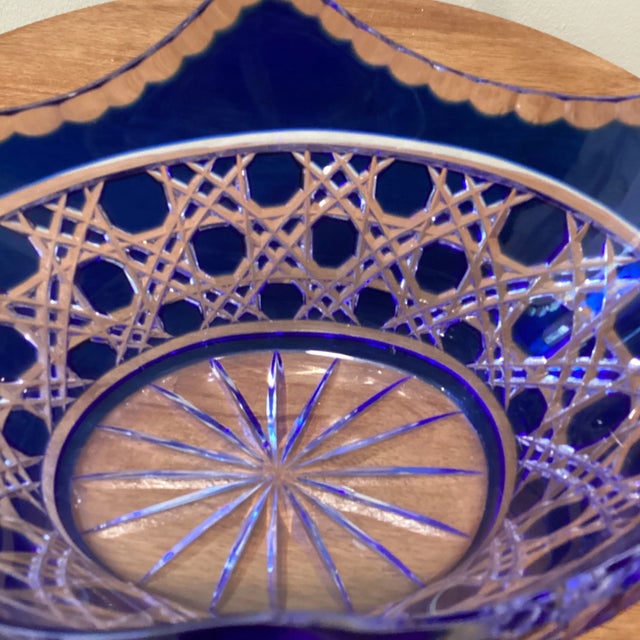 Blue Vintage Limited Edition Cobalt Blue Cut to Clear Bohemian Crystal Centerpiece Basket For Sale - Image 8 of 13