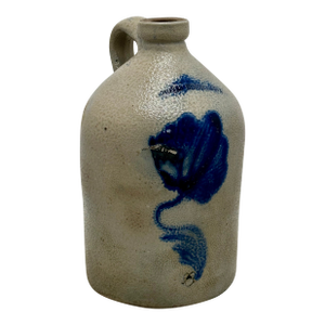Nice Small 1 Gallon Size Antique American New York Stoneware Jug With Big Deep Blue Flower Decoration - Circa Mid 1800s