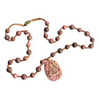 Carved Pink Rhodonite Beaded Pendant Necklace For Sale