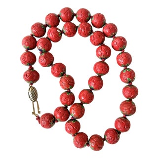Rare Antique Cinnabar Enamel Inlay Beaded Necklace For Sale
