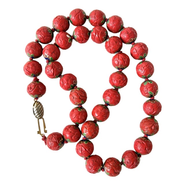 Rare Antique Cinnabar Enamel Inlay Beaded Necklace For Sale