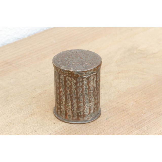 Indian Petite Antique Etched Copper Spice Container For Sale - Image 3 of 6