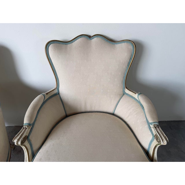 Pair of Vintage Hollywood Regency French Louis XV-Style Painted & Gilt Bergère Lounge Armchairs For Sale - Image 11 of 12