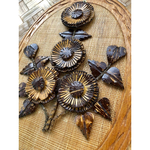 Vintage Hand Carved Wood and Woven Raffia Floral Wall Plaque Chairish