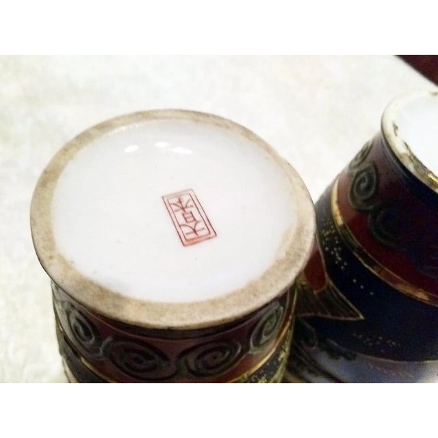 Dark Green Vintage Mid-Century Japanese Satsuma Moriage Porcelain Vases - A Pair For Sale - Image 8 of 8