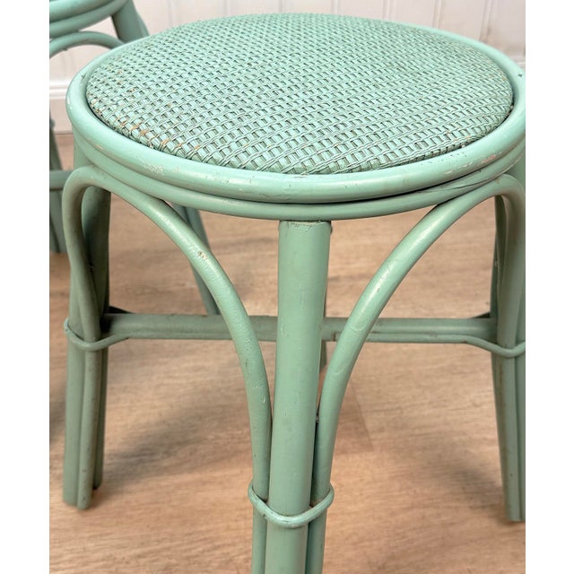 Wood Vintage Coastal Rattan Turquoise Round Wicker Stools - A Pair For Sale - Image 7 of 13
