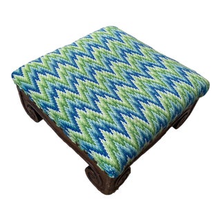 Antique Blue Green Bargello Needlepoint Footstool For Sale