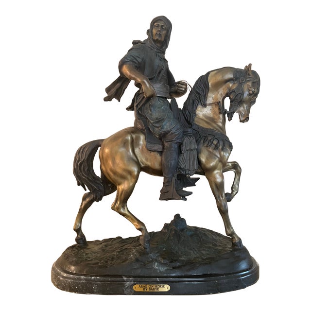 Vintage Bronze Figure of Horse & Rider “Cavalier Arabe” on Marble Signed Bayre For Sale
