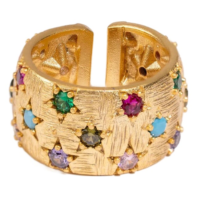 Celestial Harmony Multi Gemstone Gold Cuff Ring, Size 8 For Sale