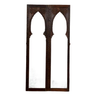 Vintage Arched Carved Wood Doors With Smoked Glass - A Pair, 96x48 For Sale