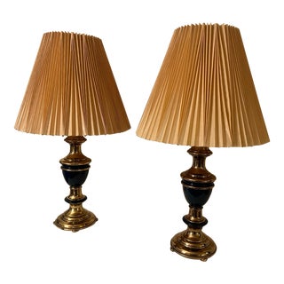 Vintage Mid-Century Brass and Cobalt Blue Urn Shaped Table Lamps, a Pair With Pleated Shades For Sale