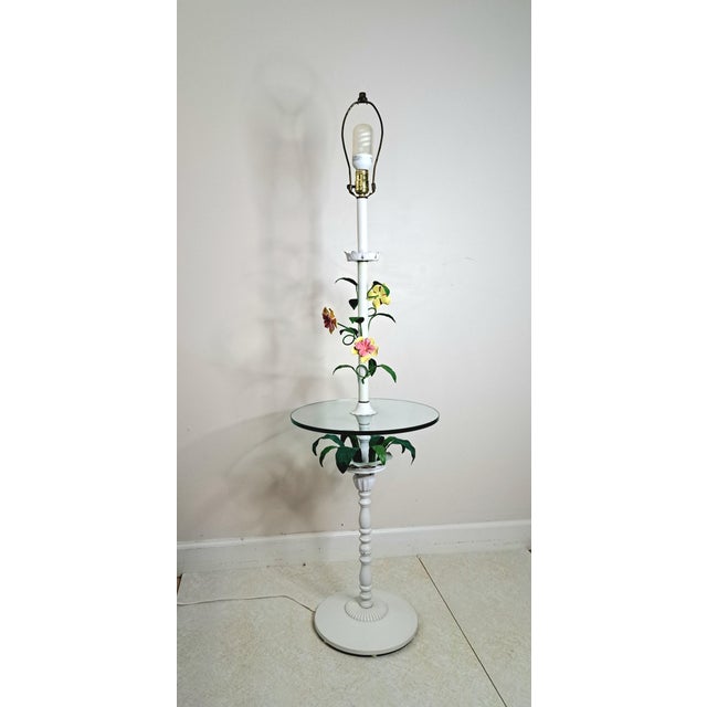 Hollywood Regency Vintage Hand-Painted Floral Tole Floor Lamp With Glass Table, Hollywood Regency For Sale - Image 3 of 15