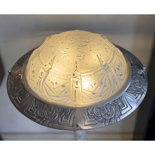 Metal Art Deco A La Nuit Étoilée Ceiling Light in Pressed Molded Glass and Nickel-Plated Bronze by Müller Frères Lunéville, 1930 For Sale - Image 7 of 18