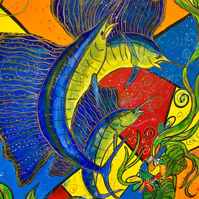 Emilio Sauma Original Expressionist Oil Painting of Sailfish, 2000 Signed For Sale In Cincinnati - Image 6 of 16