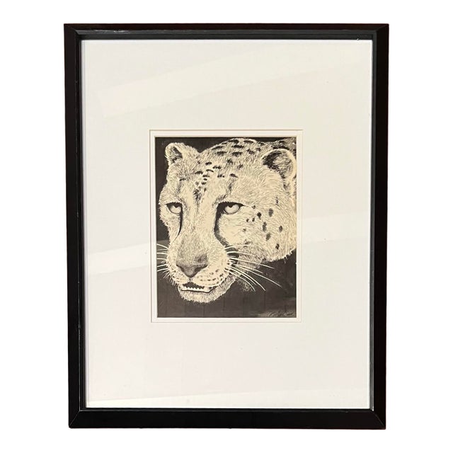 Original Black and White Ink Snow Leopard Drawing - Artist Signed For Sale