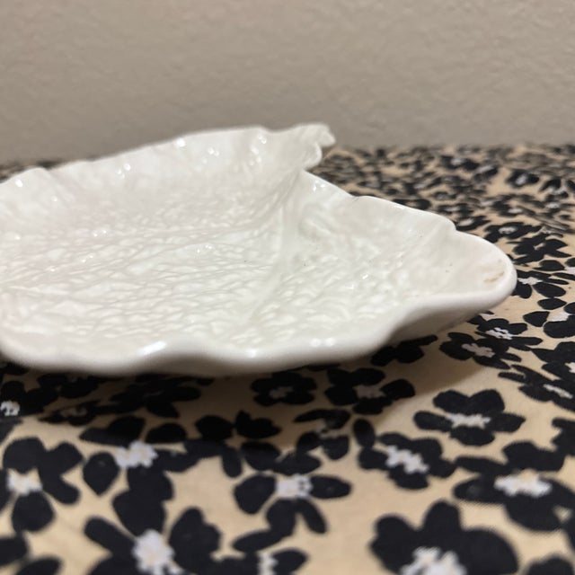 English Vintage Spode Savoy White Crescent Plate or Trinket Tray Embossed Cabbage Leaf England For Sale - Image 3 of 6