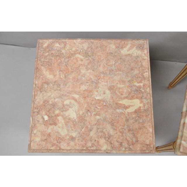 Wood Vintage French Louis XVI Style Pink Marble Top Low Drinks Side Tables - A Pair For Sale - Image 7 of 16