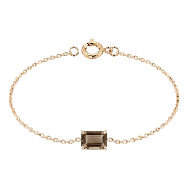 Smoky Quartz Emerald Cut Bracelet | 18k Gold Plated Chain Dainty Solitaire Gemstone Bracelet | Minimalist Jewelry Gift for Her For Sale