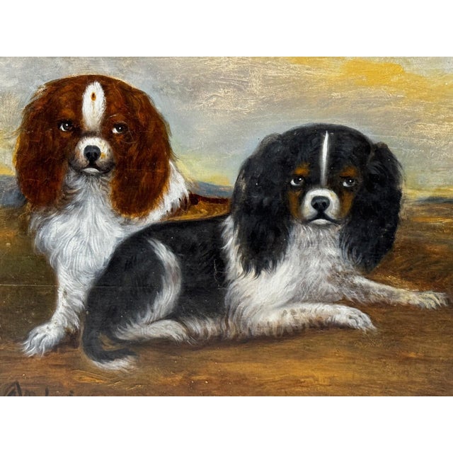 Circa 1880 British King Charles Spaniels Victorian Dog Portrait Late 19th Century British Oil on Panel Depicting Blenheim...