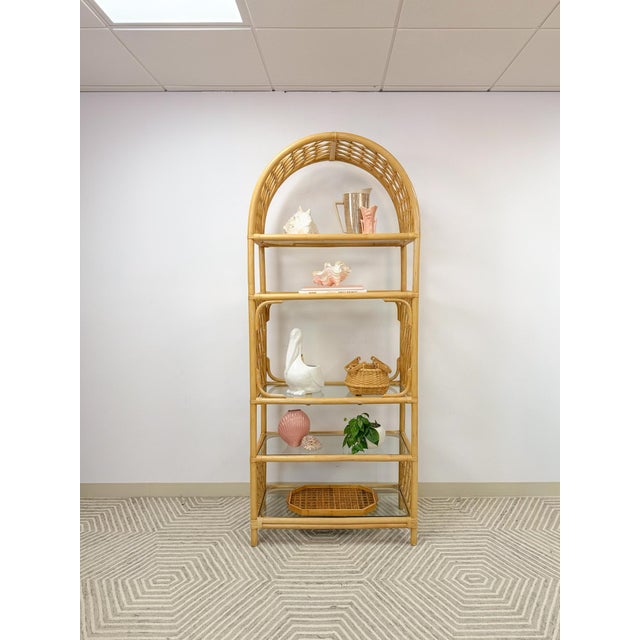 Vintage Arched Rattan Wicker Bamboo Shelf Hollywood Regency Coastal 5 Shelves For Sale - Image 13 of 15