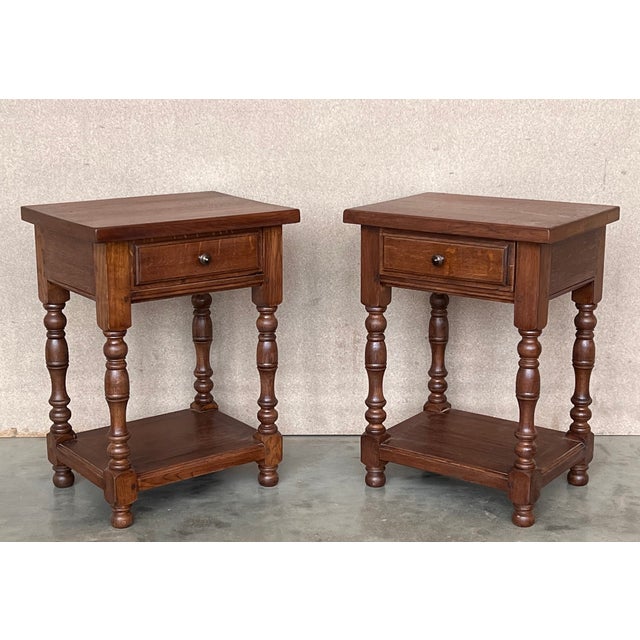 Brown 20th Century Pair of Solid Carved French Nightstands With Low Shelve For Sale - Image 8 of 9